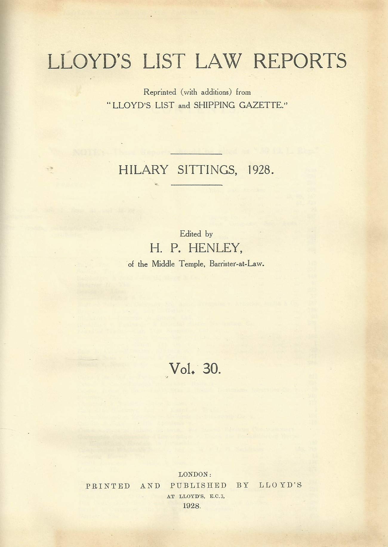 Lloyd's List Law Reports - Hilary Sittings, 1928, Vol 30