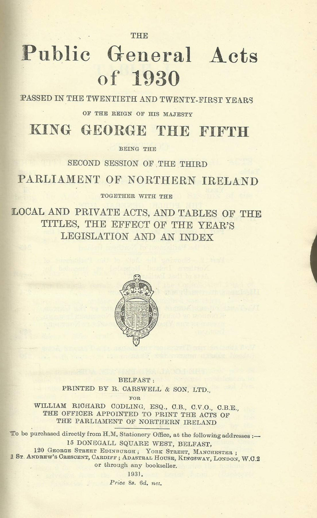 Northern Ireland - Public General Acts of 1930