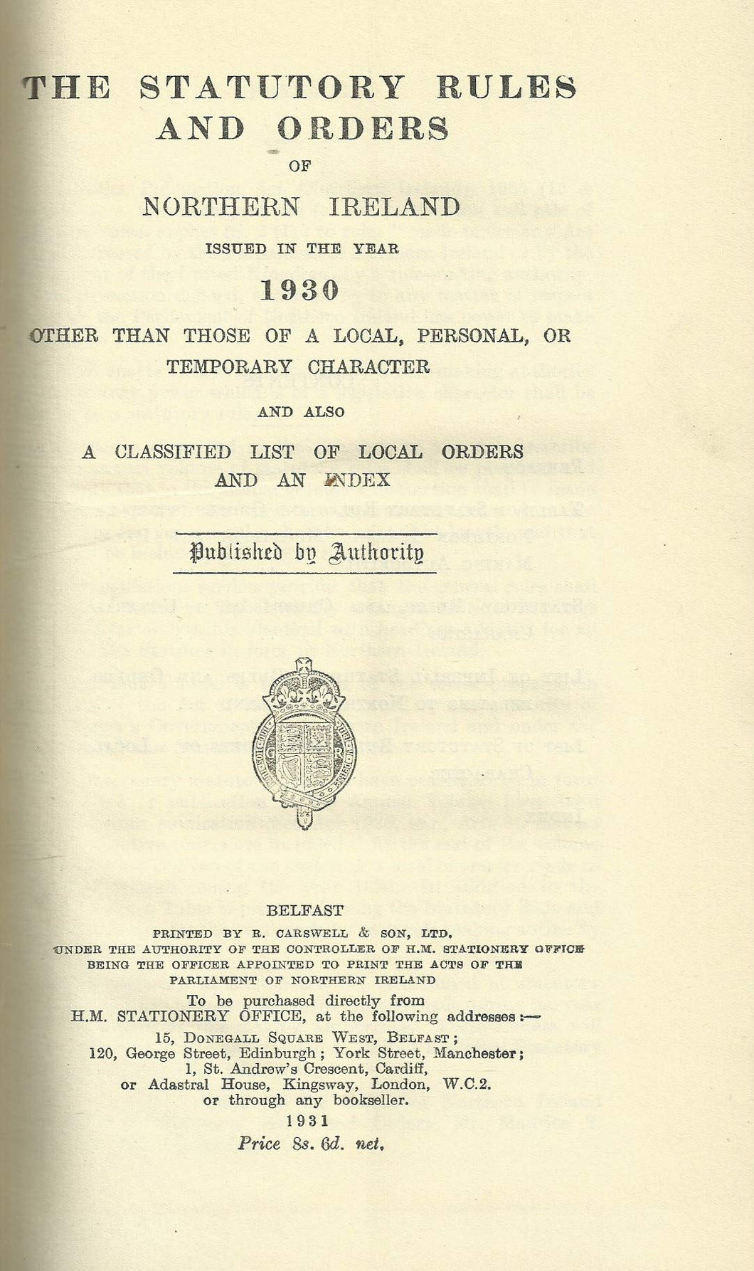 Northern Ireland Statutory Rules and Orders, 1930 - The Statutory Rules and Orders of Northern Ireland