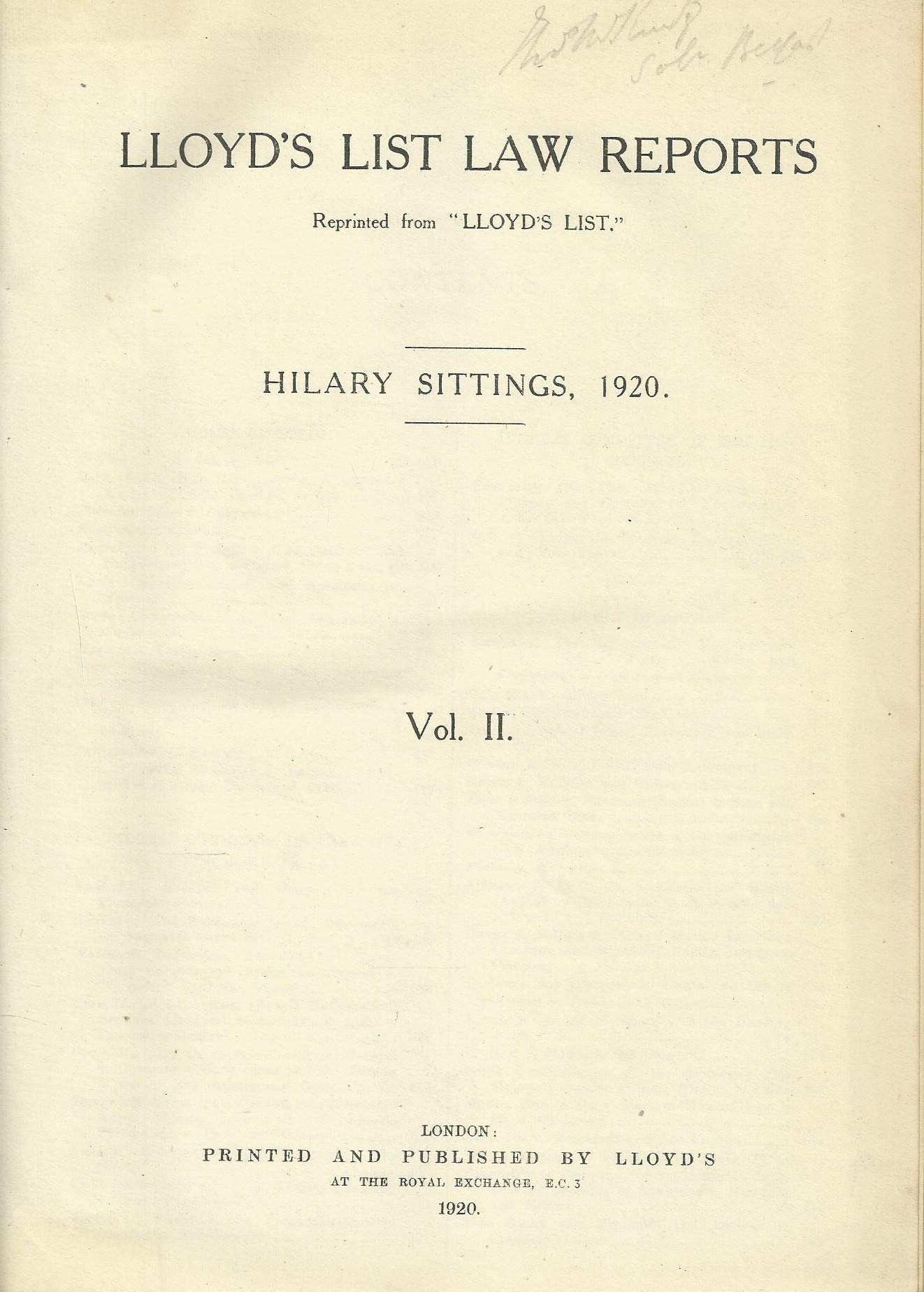 Lloyd's List Law Reports - Volume II (Volume 2), Hilary Sittings, 1920