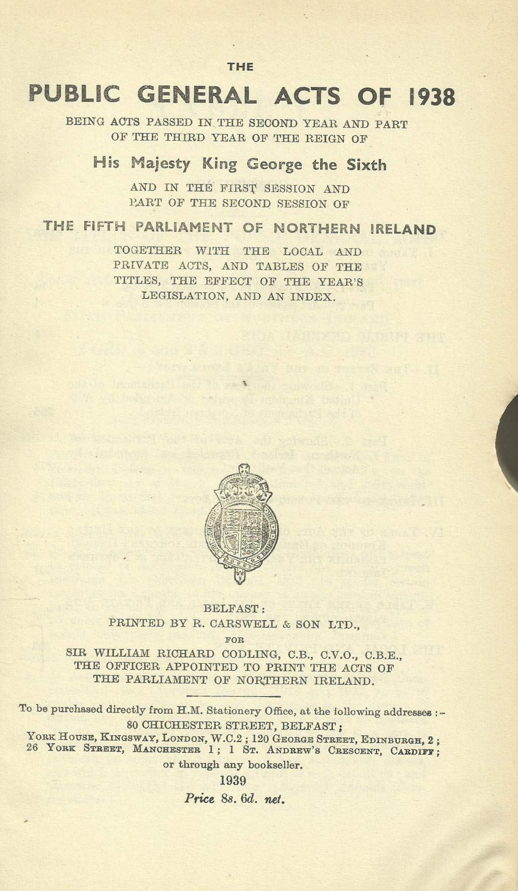 Northern Ireland: The Public General Acts of 1938