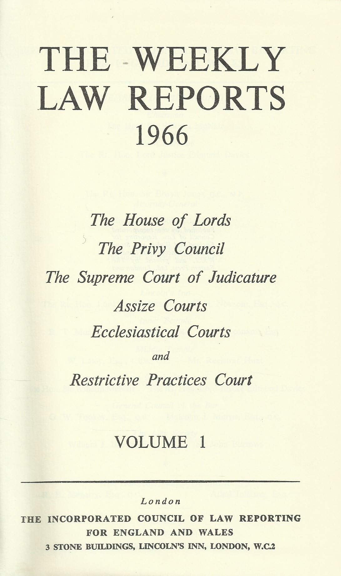 The Weekly Law Reports 1966: Volume 1.