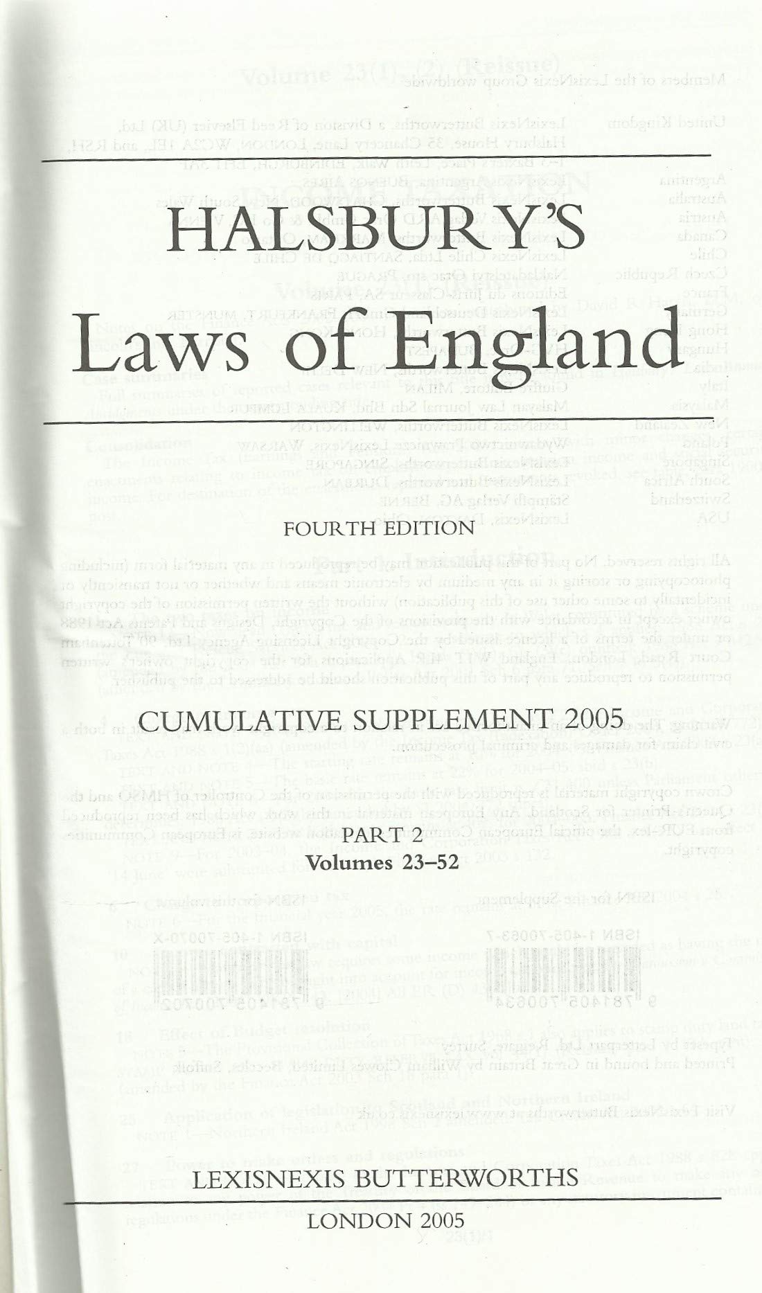 Halsbury's Laws of England - Fourth Edition, 2005 Cumulative Supplement - Part 2, Volume 23-52