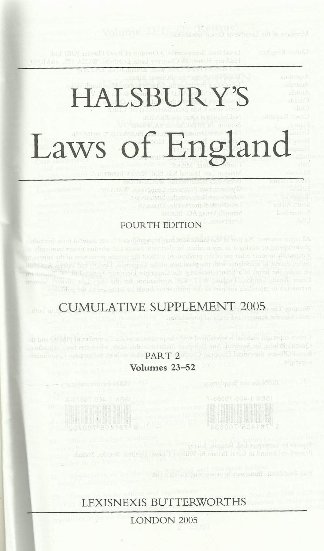 Halsbury's Laws of England - Fourth Edition, 2005 Cumulative Supplement - Part 2, Volume 23-52