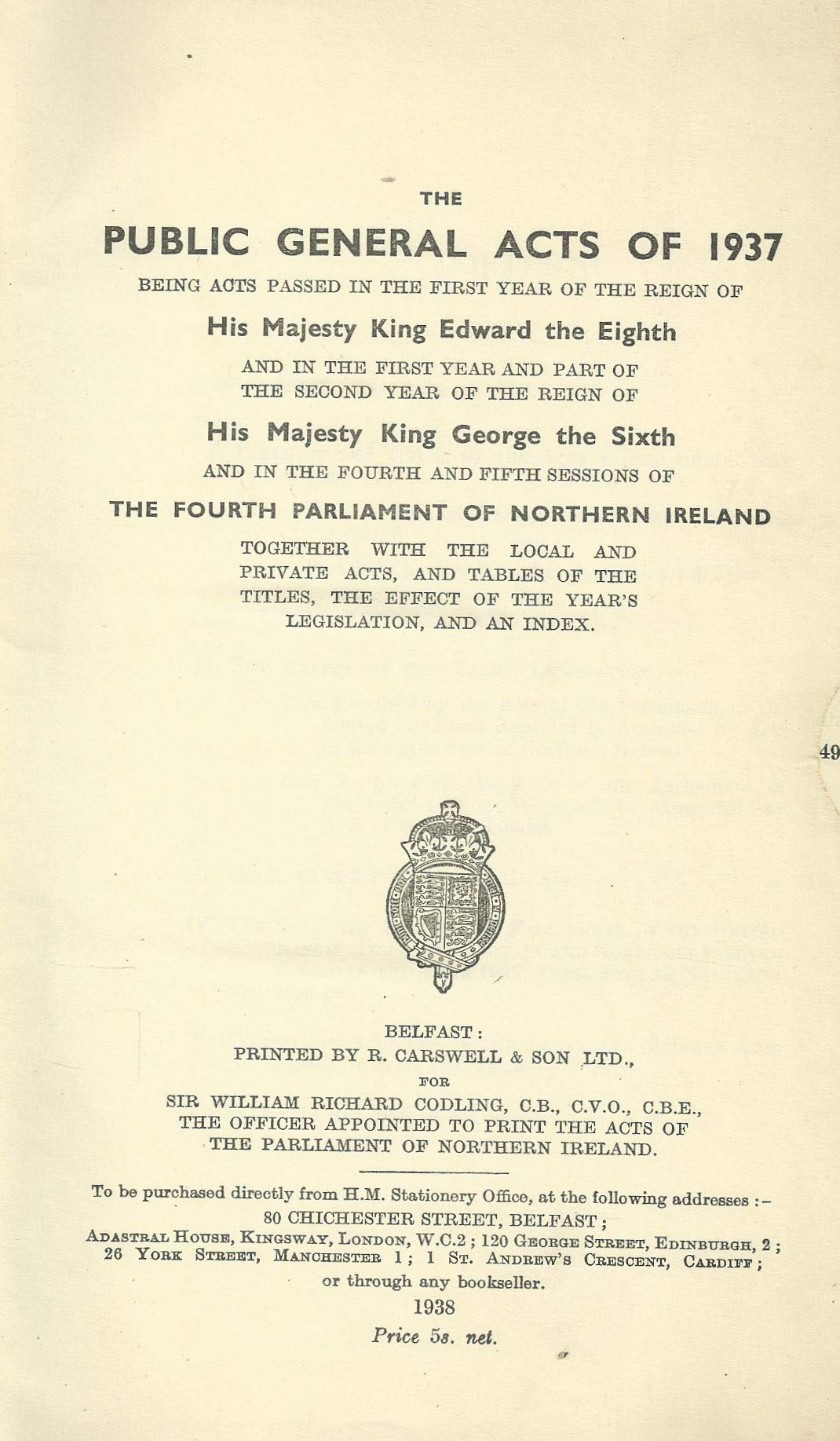Northern Ireland - The Public General Acts of 1937