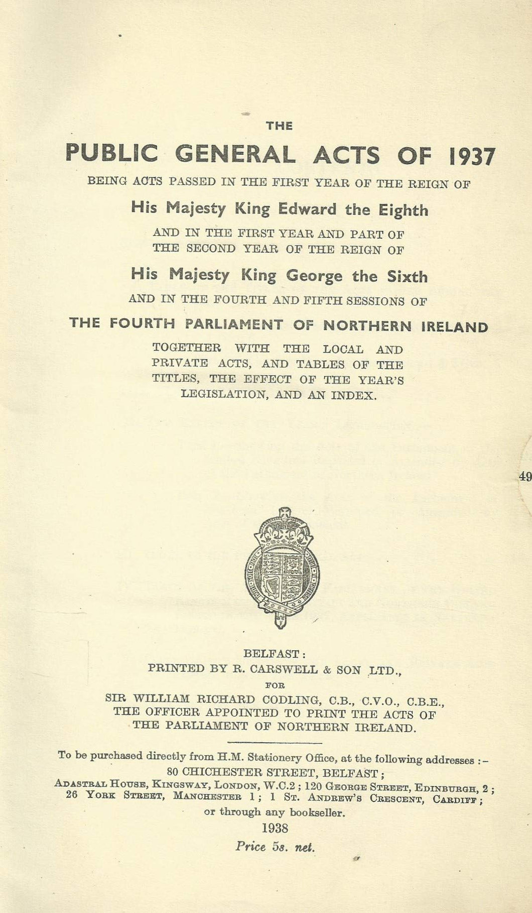 Northern Ireland - The Public General Acts of 1937