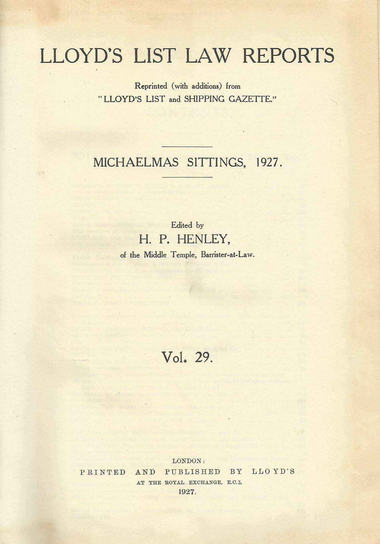 Lloyd's List Law Reports - Michaelmas Sittings, 1927, Vol 29