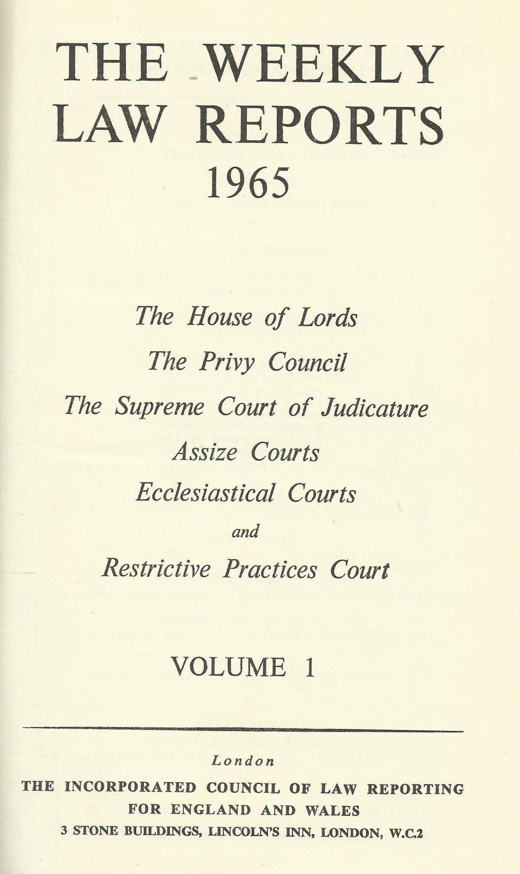 The Weekly Law Reports 1965: Volume I.