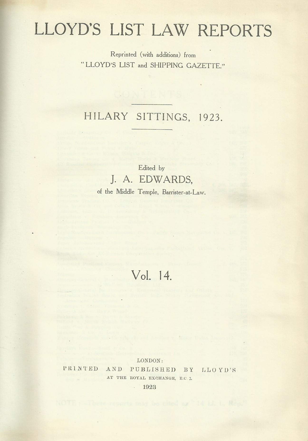 Lloyd's List Law Reports - Volume 14, Hilary Sittings, 1923