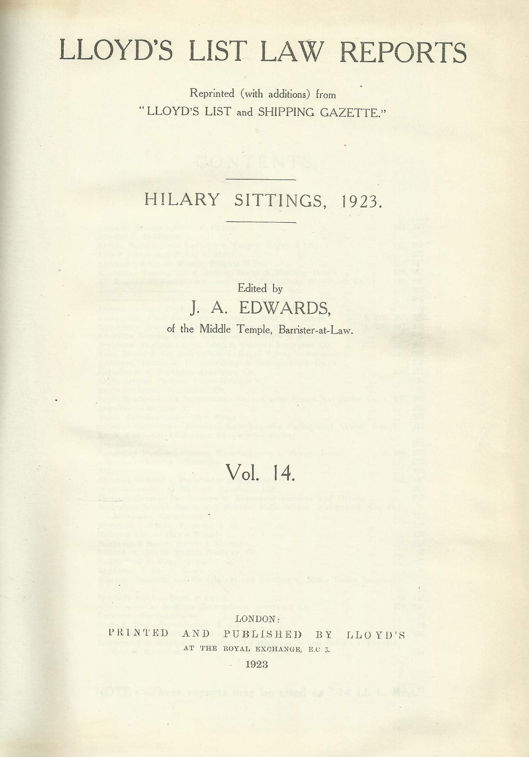Lloyd's List Law Reports - Volume 14, Hilary Sittings, 1923
