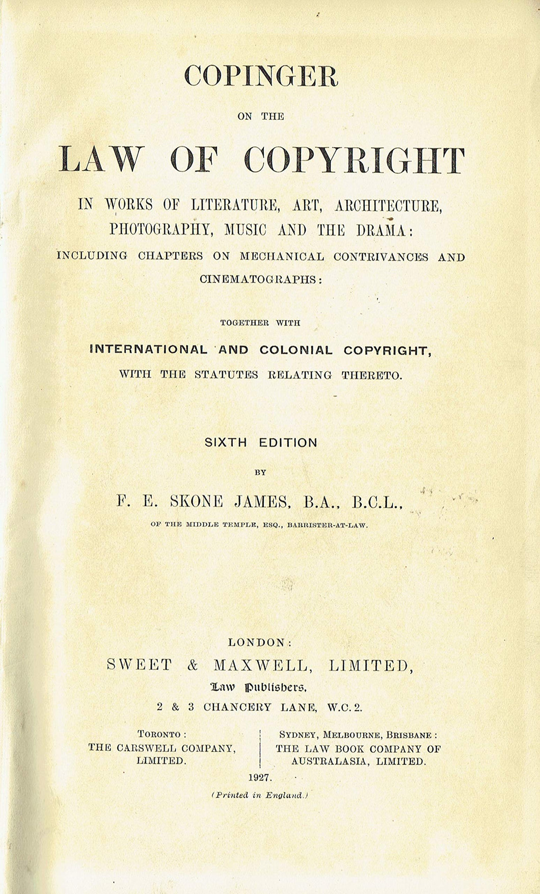 Copinger on the Law of Copyright, Sixth Edition - 6th Edition