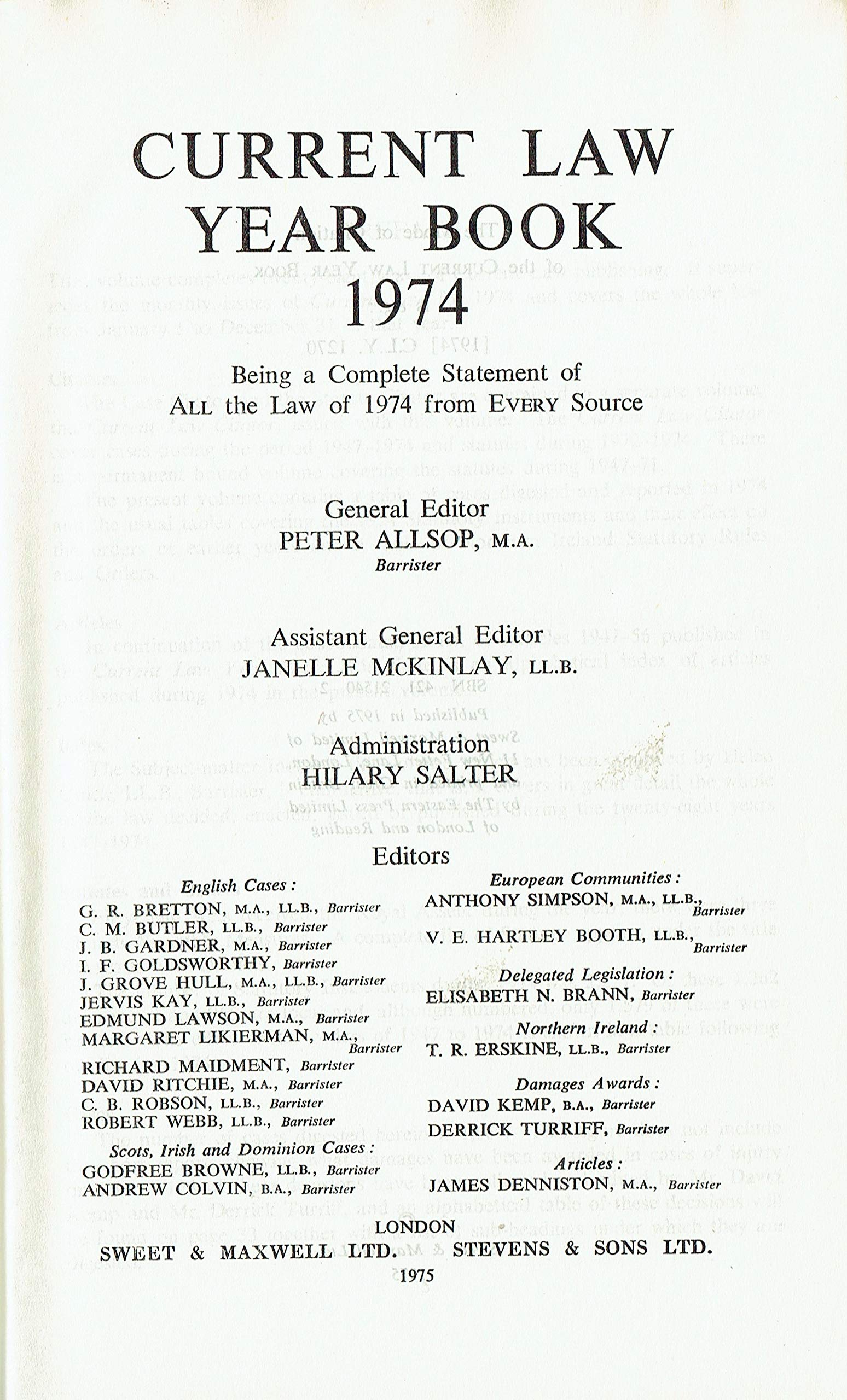"Current Law" Year Book 1974: w. Citator, 1947-74