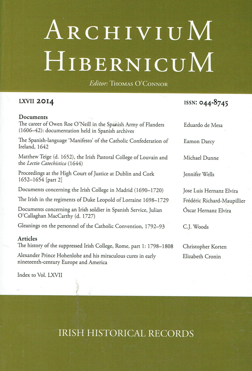Archivium Hibernicum - Irish Historical Records, LXVII (67), 2015