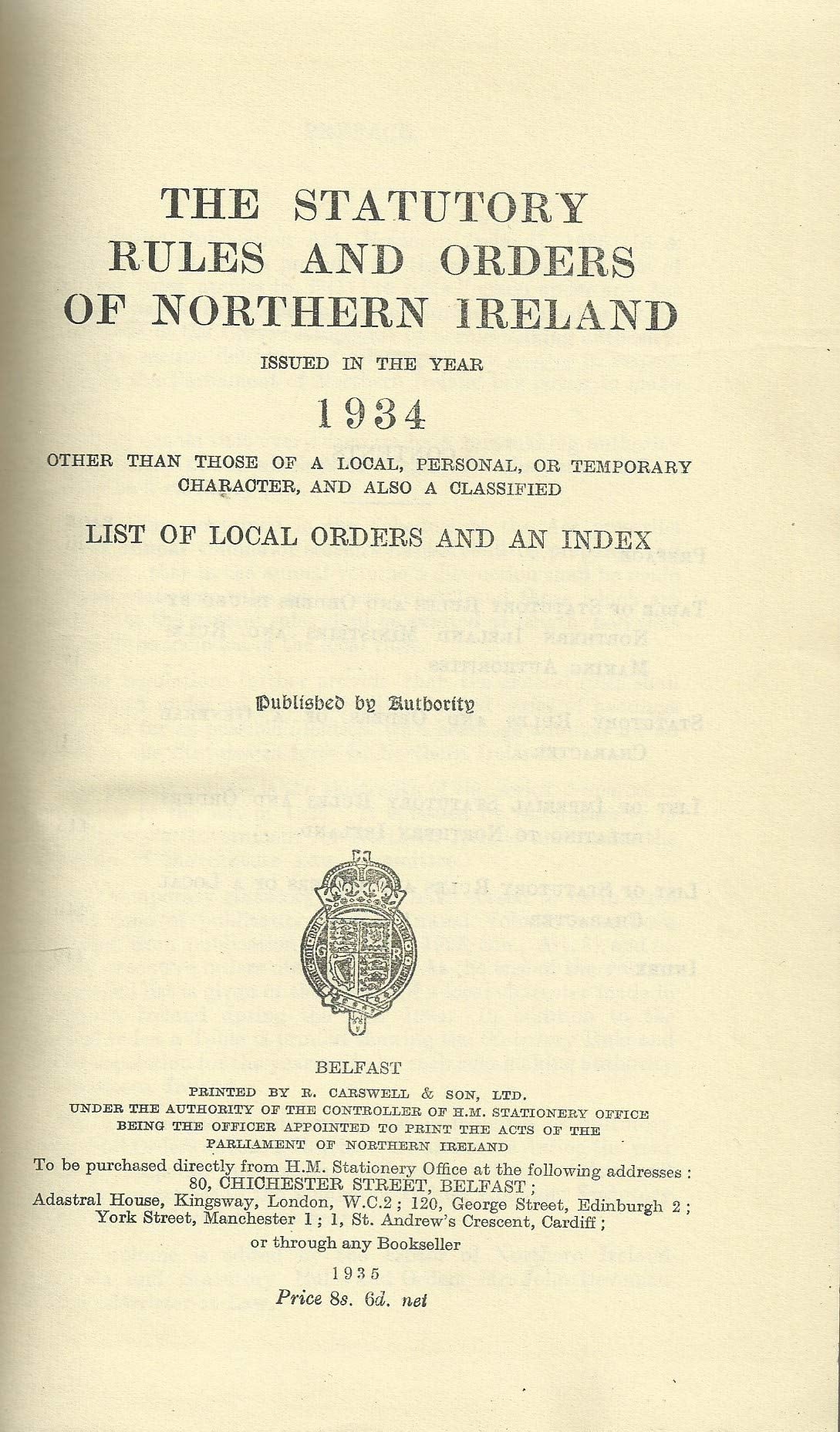 Northern Ireland Statutory Rules and Orders 1934