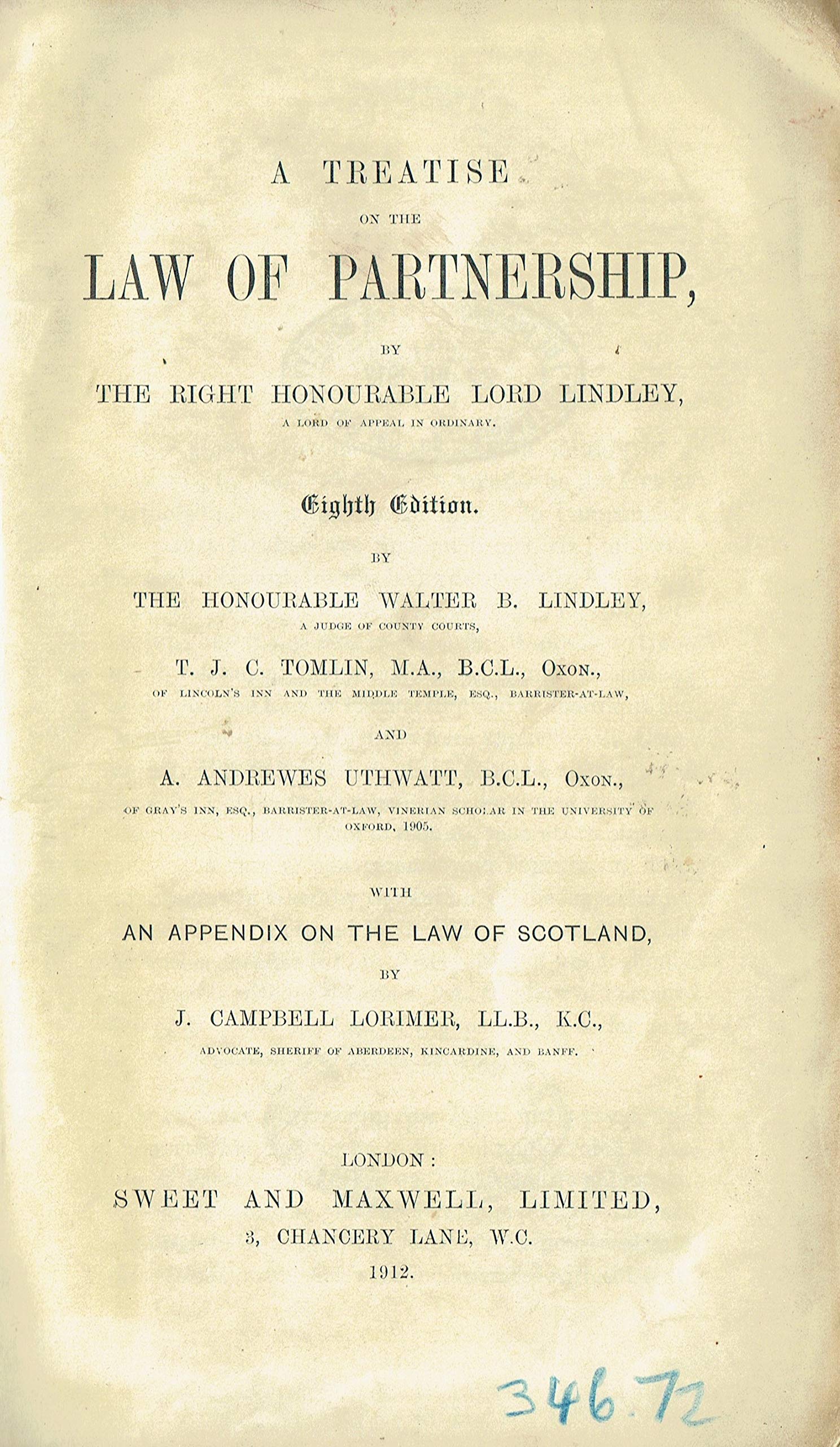 Lindley on Partnership - A Treatise on the Law of Partnership - Eighth Edition