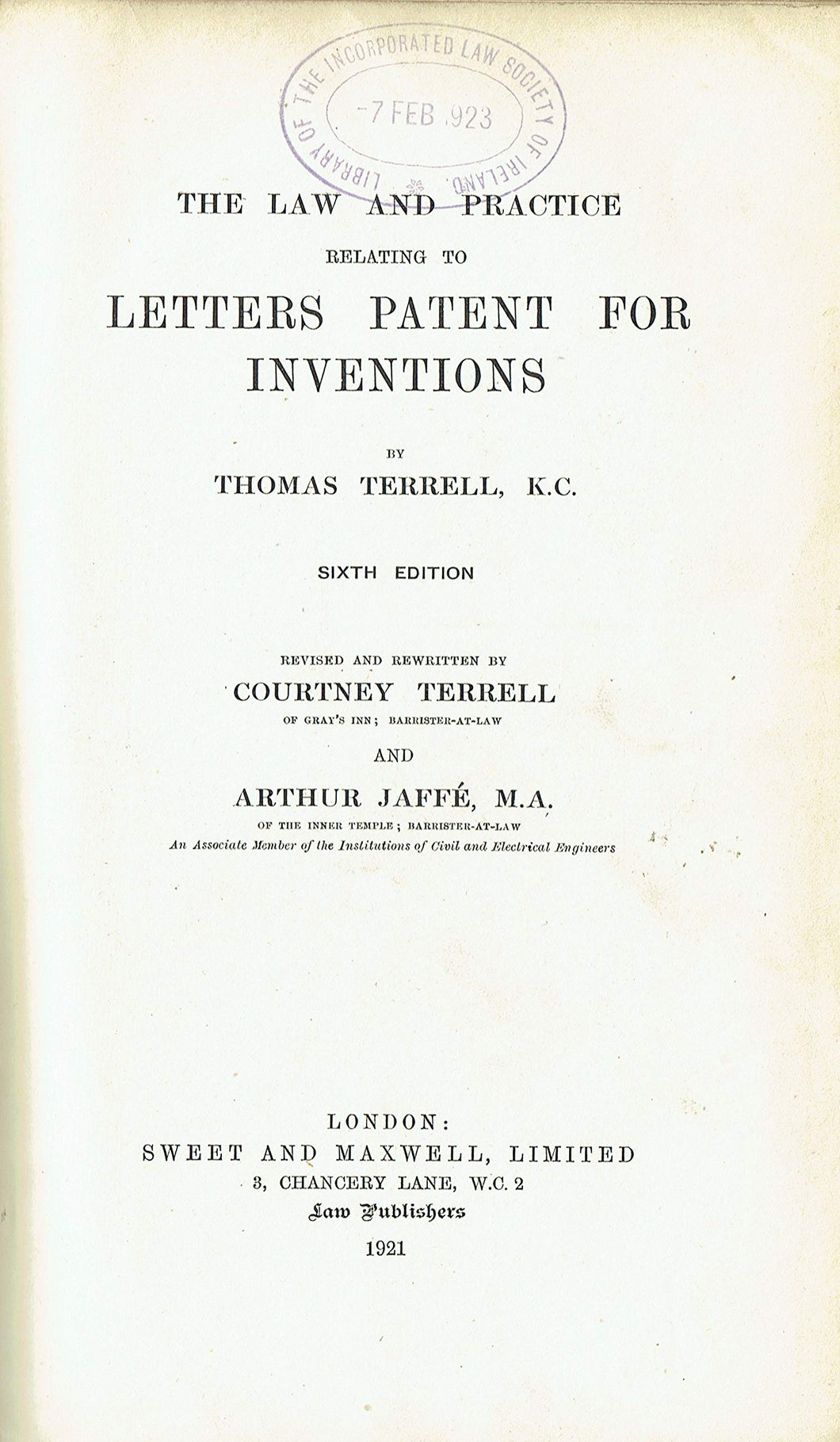 Terrell on Patents - The Law and Practice relating to Letters Patent for Inventions