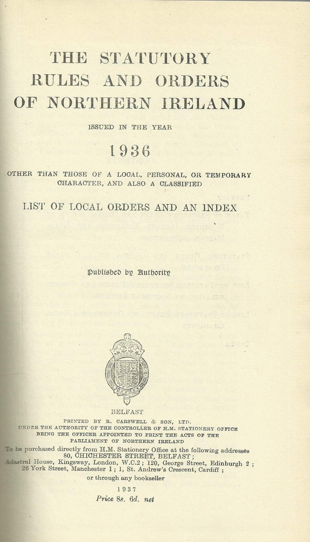 Northern Ireland Statutory Rules and Orders 1936