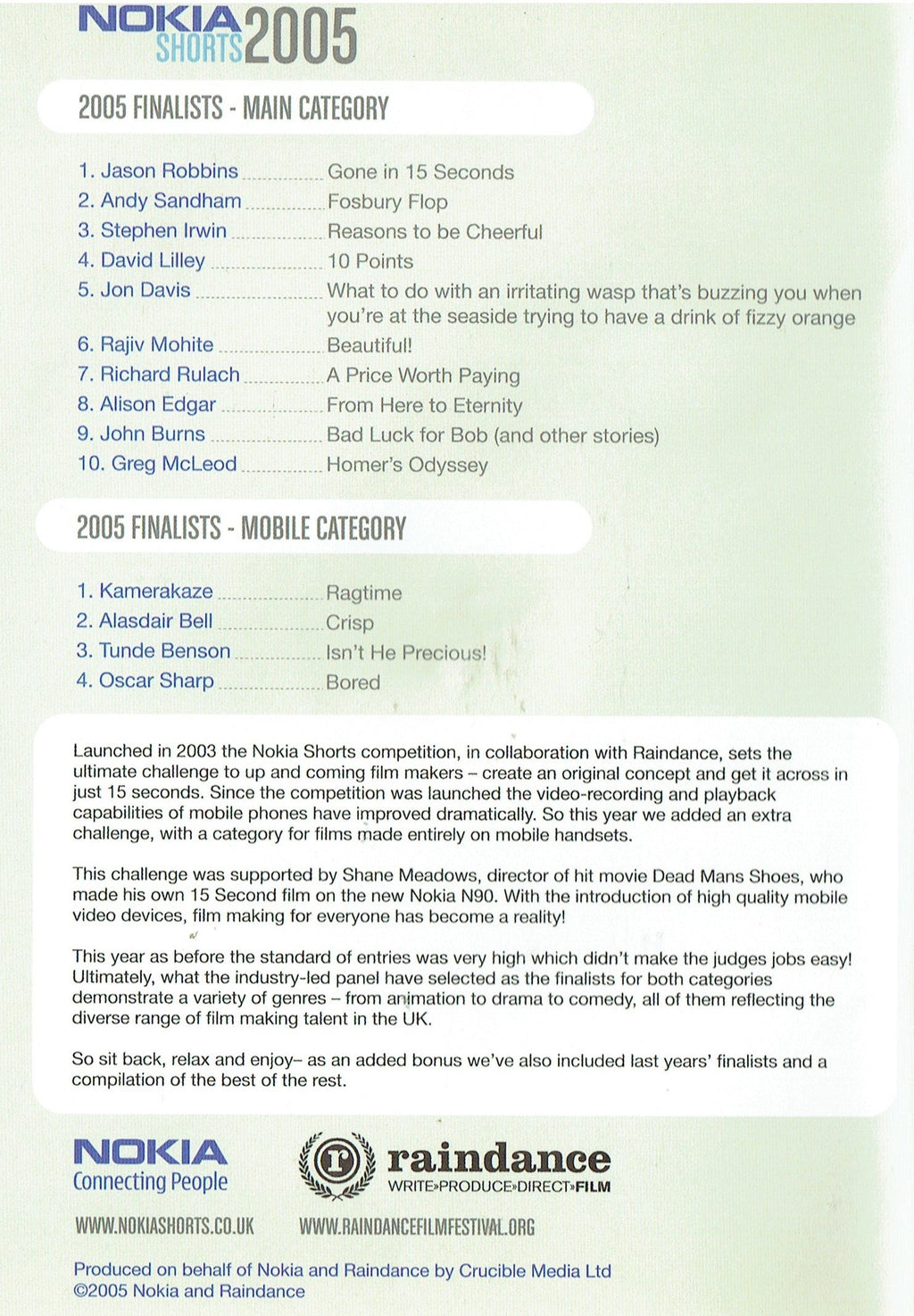 Nokia Shorts 2005: 2005 Finalists plus 2004 Finalists and Never Seen Before 'Best of the Rest' - Includes 'The Stairwell', a Short Film by Shane Meadows