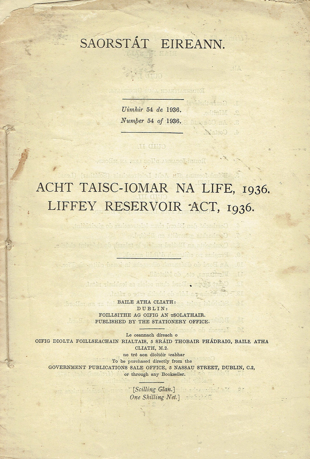 Liffey Reservoir Act, 1936/Acht Taisc-Iomar na Life, 1936 - Saorstát Éireann