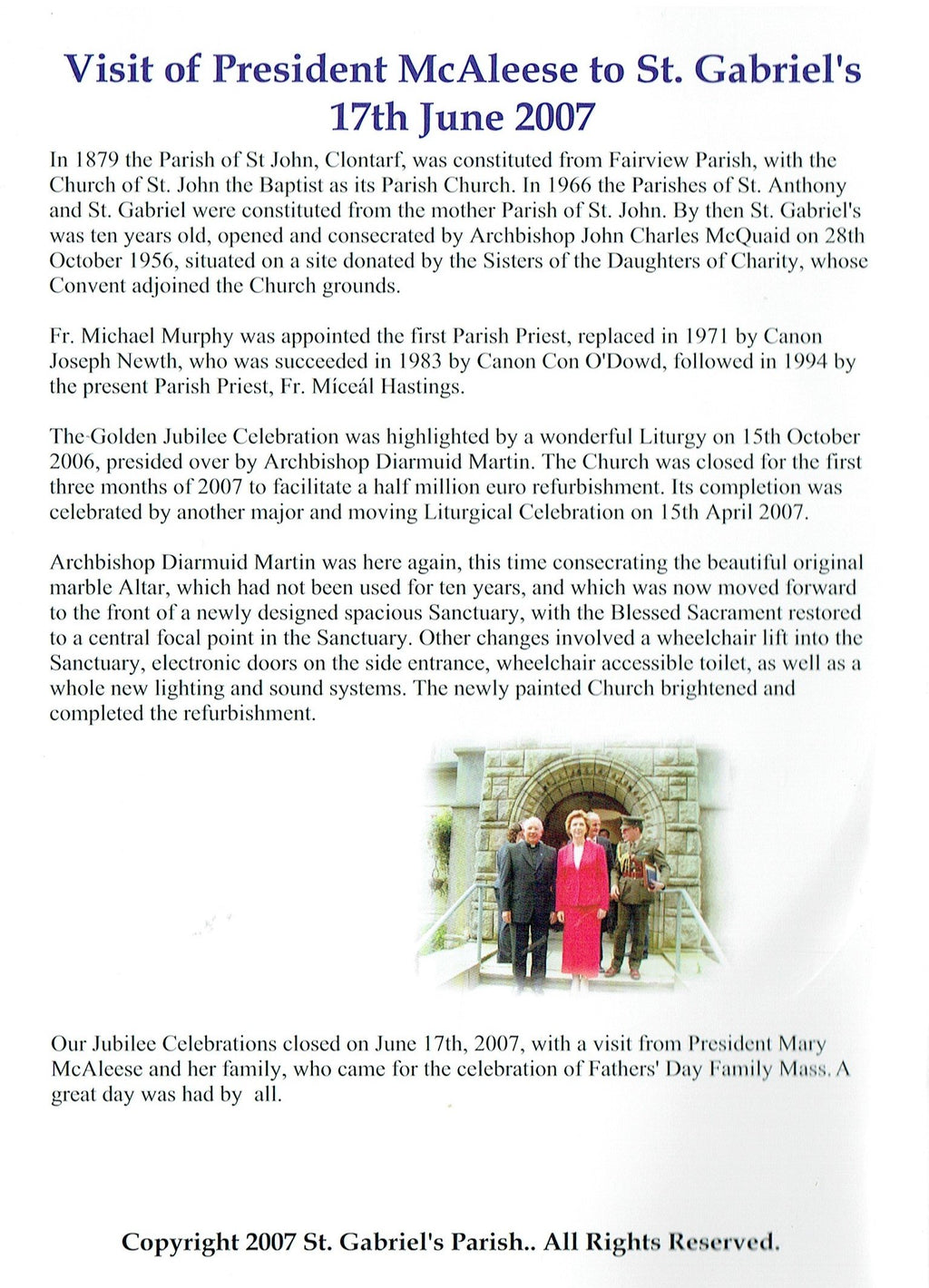 The Church of St. Gabriel the Archangel: Golden Jubilee, 1956-2006 - Visit of President McAleese to St. Gabriel's, 17th June 2007