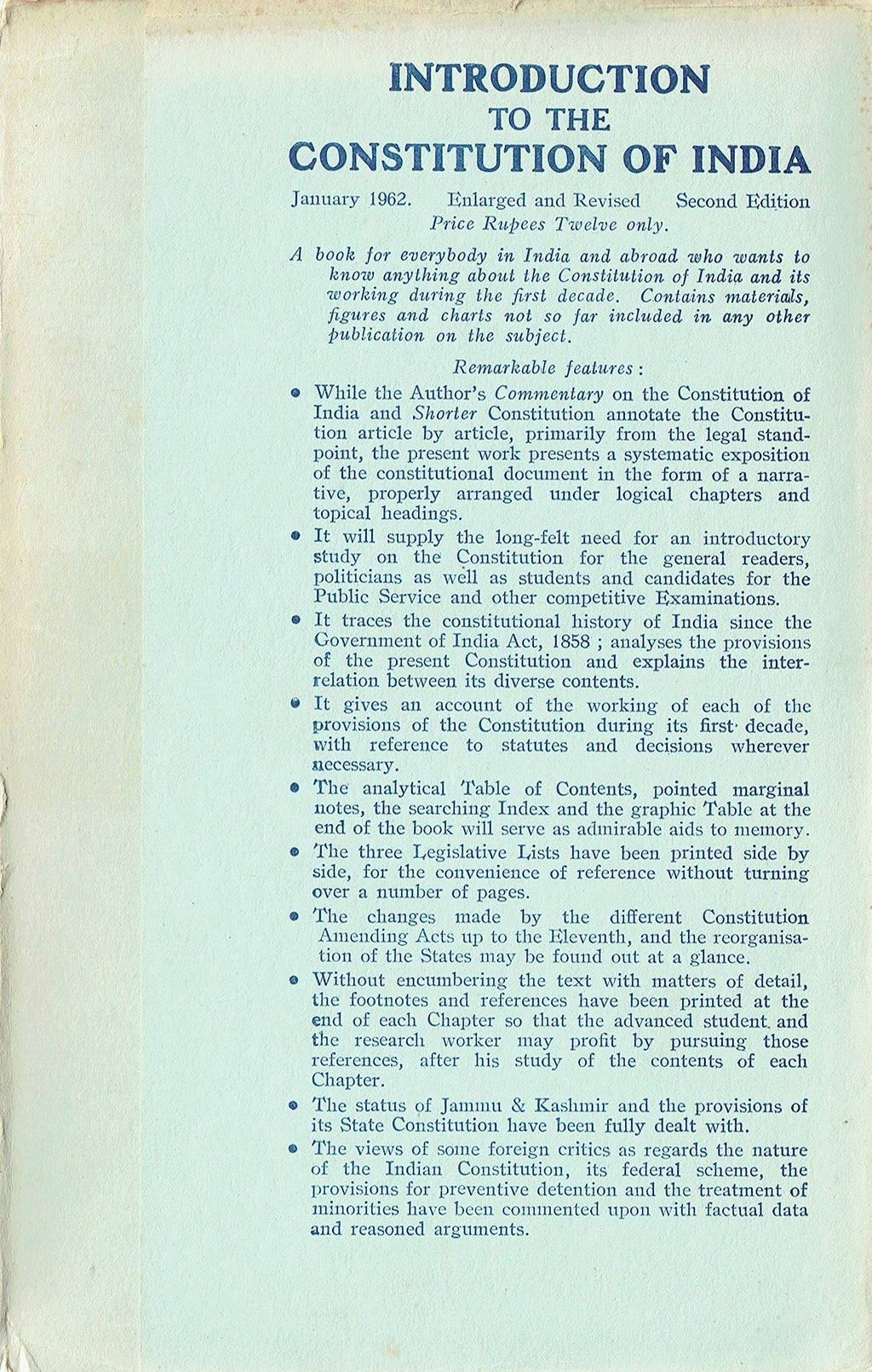 Basu's Commentary on the Constitution of India - Fourth Edition, Volume Two, 1962