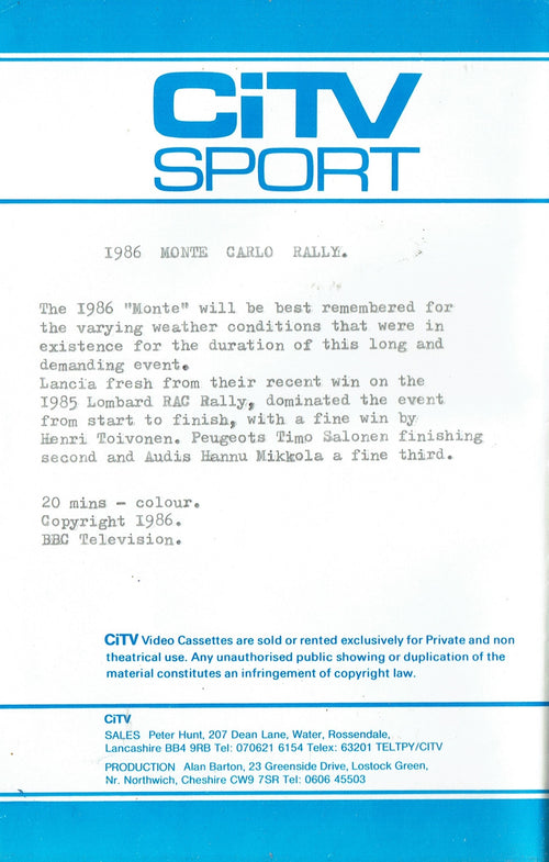 1986 Monte Carlo Rally - World Rally Championship - CiTV Sport [VHS]