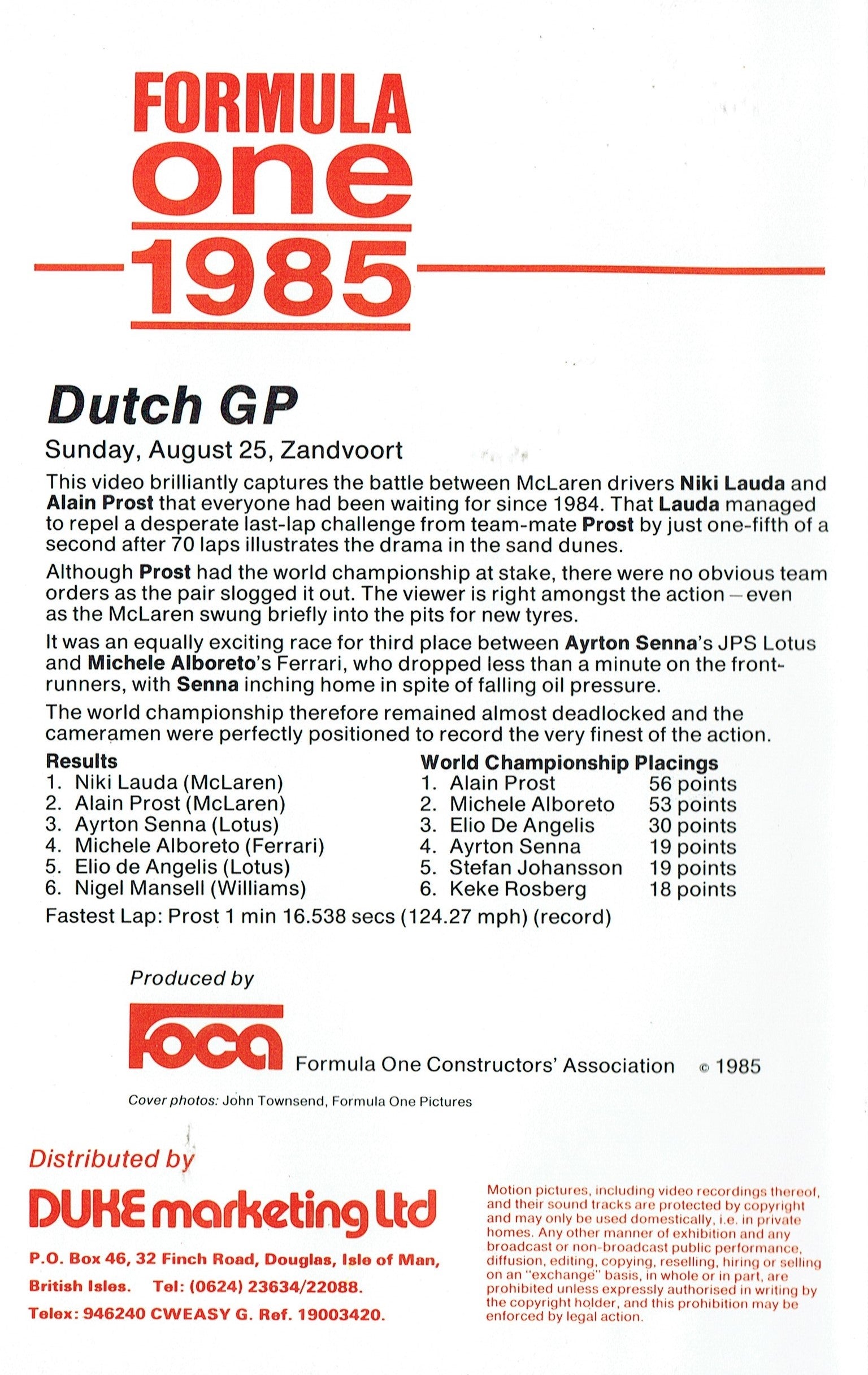Formula One 1985 - Dutch Grand Prix GP Highlights, Round 11 - Zandvoort (Netherlands) [VHS]