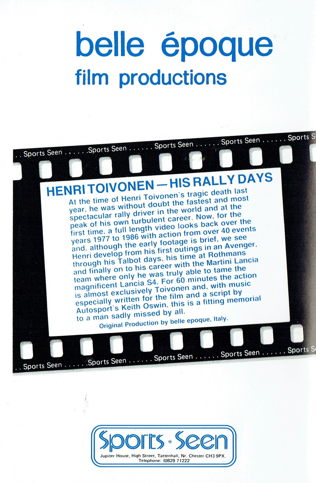 Henri Toivonen: His Rally Days - Bell Époque Film Productions/Sports Seen [VHS]