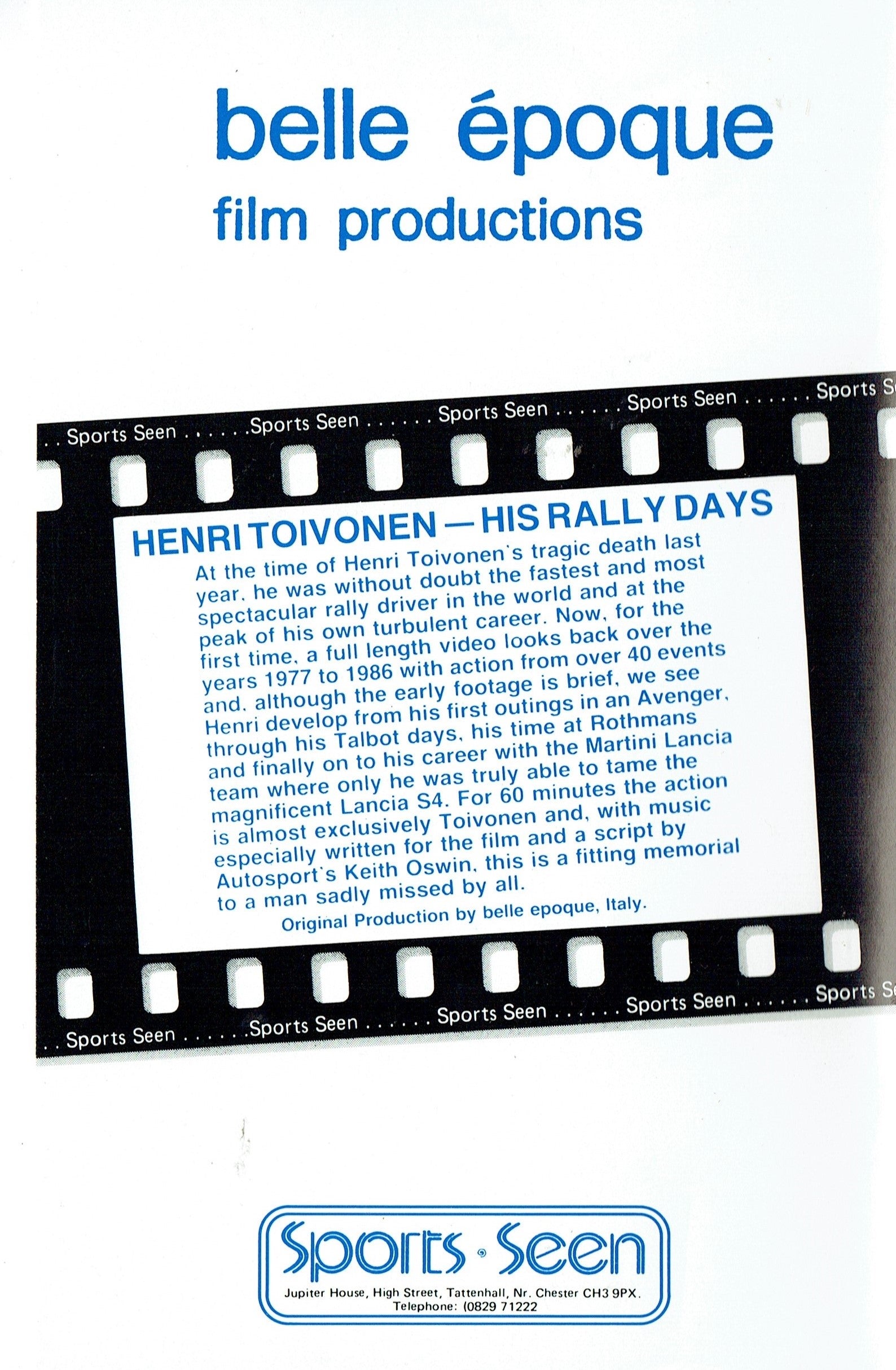 Henri Toivonen: His Rally Days - Bell Époque Film Productions/Sports Seen [VHS]